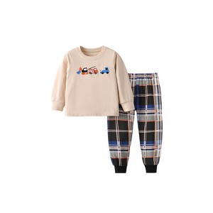 MyKids-Usa Spring and Autumn Boys Cartoon Embroidered Pattern Long Sleeves Top and Plaid Pants Clothing Set - 1 of 4