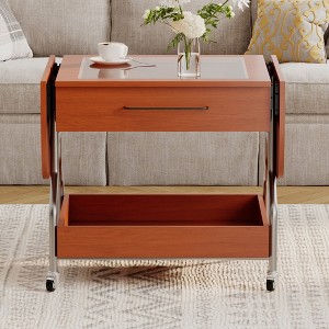 Damerin 2-Layer Foldable Extended Metal Accent Coffee Table With Wheels,Drawer - 1 of 4