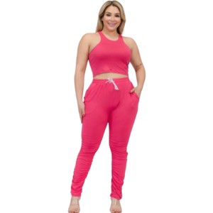 Slickblue Plus Size, Crop Tank Top & Ruched Pants Set, Stretch Fabric, Loungewear, Color Options, Size 1XL-3XL - 1 of 4