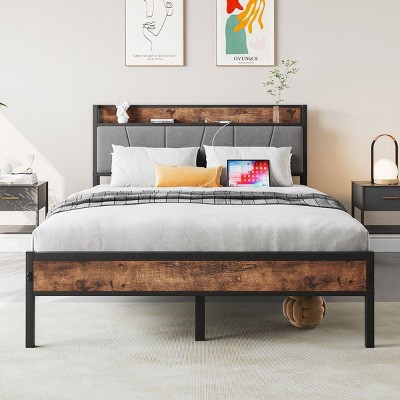 Streamdale Vintage Brown & Gray Full Bed Frame with Headboard Storage & Charging