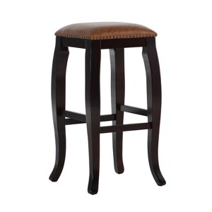 San Francisco Backless Faux Leather Curved Wood Barstool Wood Caramel - Linon: Nailhead, 30" Height, 275lbs Limit - 1 of 4