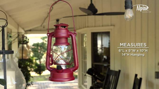Indoor/Outdoor Metal/Glass Hurricane Lantern with Dimmable LED Lights Red - Alpine Corporation, 2 of 4, play video