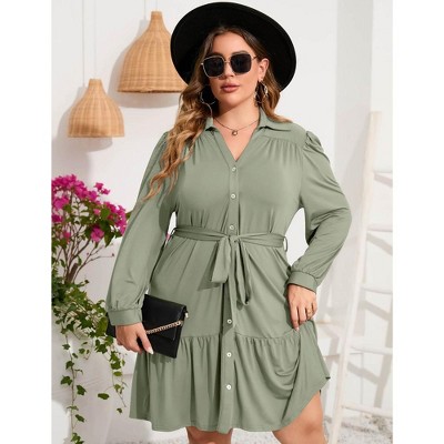 Women's Plus Size Long Sleeve Dress V Neck Button Front Belted Shirt Dress A Line Ruffle Midi Dress