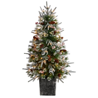 4ft. Frosted Artificial Christmas Tree Pre-Lit with 105 LED Lights & Berries in Decorative Planter – Festive Holiday X-Mas Glow