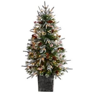 4ft. Frosted Artificial Christmas Tree Pre-Lit with 105 LED Lights & Berries in Decorative Planter – Festive Holiday X-Mas Glow - 1 of 4