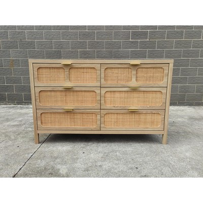 6 Drawer Dresser, Rattan Dresser for Bedroom with Metal Handles, Farmhouse Wood Storage Chest of Drawers for Bedroom, Living Room, Hallway, Entryway