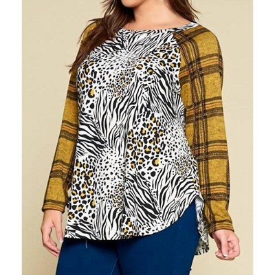 Women's Animal Print Casual Top with Plaid - Emerald Collection
