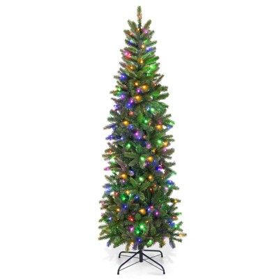 Tangkula Full Artificial Christmas Tree Pre-lit Christmas Tree w/Warm White & Multi-color LED Lights Foldable Metal Stand