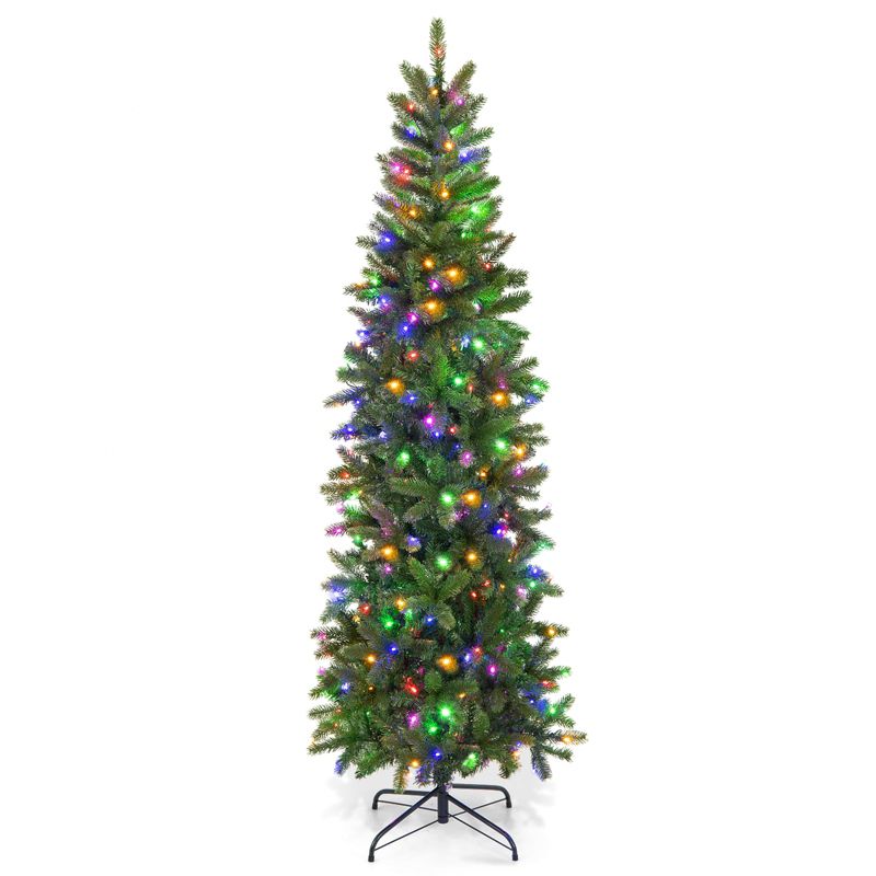 Tangkula Full Artificial Christmas Tree Pre-lit Christmas Tree w/Warm White & Multi-color LED Lights Foldable Metal Stand, 1 of 11