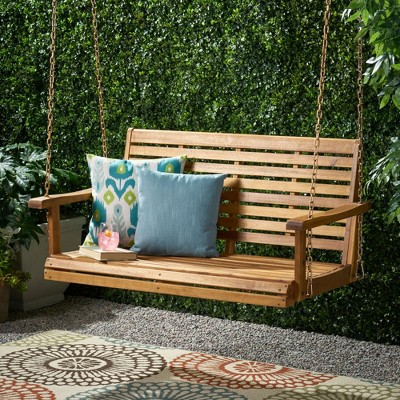 SKRAN Wooden Porch Swing 2-Seater, Acacia Frame Slat  Hanging Chair, Water-Resistant Swing Bench with Hanging Chains for Patio,Courtyard, Teak Color