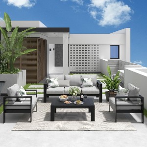 Aluminum Outdoor Patio Furniture Set, Modern Patio Conversation Sets with 5 Inch Cushion and Coffee Table for Balcony, Garden - 1 of 4