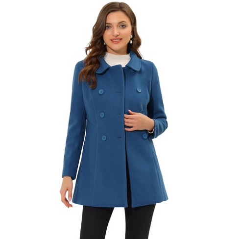 Allegra K Women's Peter Pan Collar Double Breasted Trench Coat Dark Grey  Blue Small