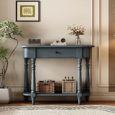 PAGED Vintage Narrow Console Table with Drawer & Open Shelf, Coastal Farmhouse Entryway Sofa Table with Curved Corner, Retro Entryway Table