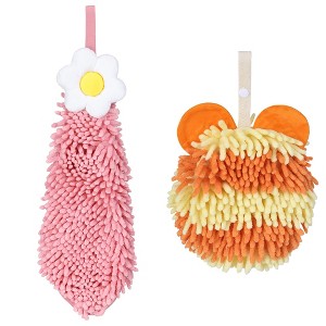 REGALWOVEN Soft Absorbent Cute Fuzzy Hanging Decorative Bathroom Chenille Hand Towel 6" x 15"/7" x 7" 2 Packs - 1 of 4