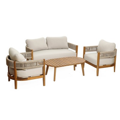 LuxenHome Outdoor Acacia Wood with Rope Sides 4-Person Club Patio Set with Coffee Table