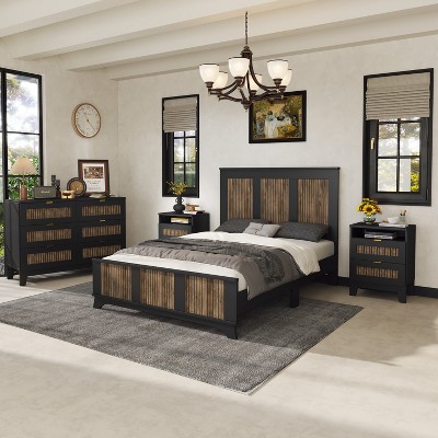 VYNXARIA Black Farmhouse Full Size 4-Piece Bedroom Set with Platform Bed, Nightstands, and Dresser