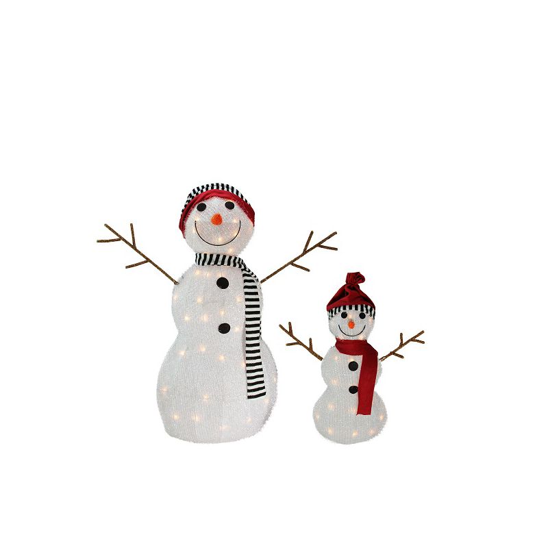 Northlight Set of 2 Lighted 3-D Tinsel Snowman Family Christmas Yard Art Decoration 32", 1 of 5