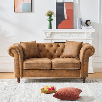 66" Chesterfield 2 Seater Sofa,Classic Rolled Arm Loveseat with Stain Resistant Tech Fabric & Button Tufting for Living Room-Baofuwish