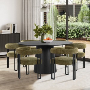 7-Piece Round Dining Table Set with 6 Upholstered Chenille Chairs, 52” Modern Pedestal Table with Metal Leg Dining Chairs for Kitchen-Maison Boucle - 1 of 4