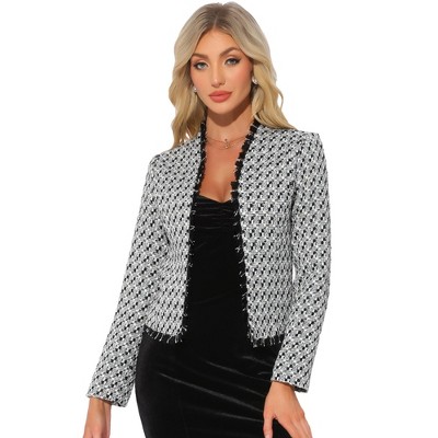 Allegra K Women's Plaid Tweed Blazer Long Sleeve Open Front Work Office Jacket
