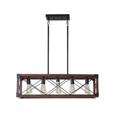 Airsurfer 32" Red Wood Farmhouse Rectangle Pendant Light, 5-Light Industrial Chandelier for Kitchen Island, Dining Room, Cafe (No Bulbs)