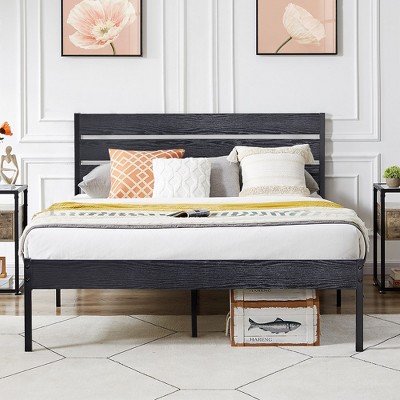 VECELO Platform Bed Frame With Rustic Vintage Wood Headboard and Footboard, Sturdy Metal Slats, No Box Spring Required