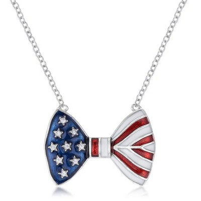ShineHigh Patriotic Rhodium-Plated Necklace – Red, White, and Blue Enamel Charms with CZ Accents – Heart, Balloon, Bow Tie, and U.S. Map Designs