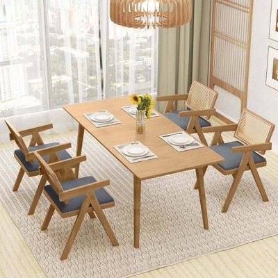Gray Rattan and Cane Side Chair Set with Rubber Wood Frame