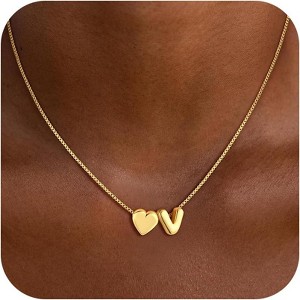 Dainty Heart Initial Necklace for Teen Girls, 14K Gold Plated Letter Pendant for Gifts V - 1 of 4