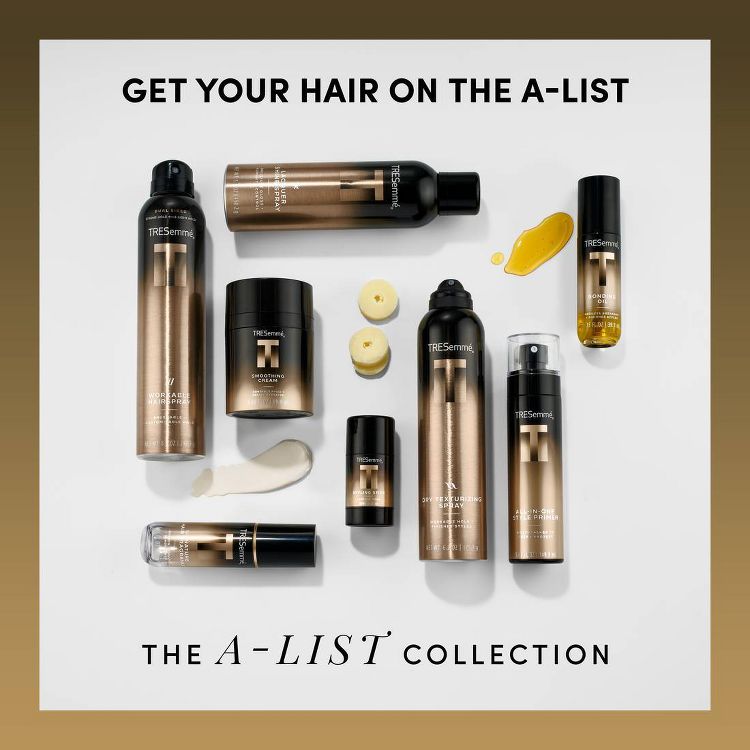 A collection of TRESemmé hair products, including sprays, creams, and oils, displayed on a white surface with the text "GET YOUR HAIR ON THE A-LIST" and "THE A-LIST COLLECTION."