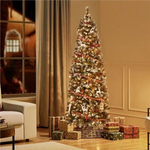 Yaheetech 6Ft/7.5Ft Pre-lit Frosted Artificial Christmas Tree with Stand, Green - 1 of 4