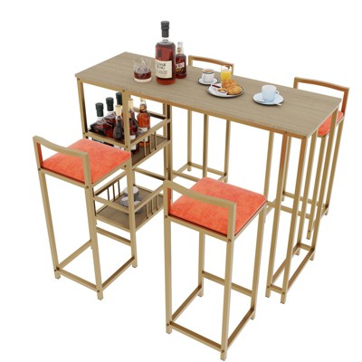 Aukfa Luxury Gold 5-piece Bar Table and Chair Set - with Sponge Cushion Backrest and Storage Function, Suitable for Home
