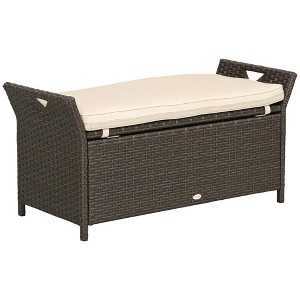 29 Gallon Patio Wicker Storage Bench, Outdoor PE Rattan Patio Furniture, 2-In-1 Large Capacity Rectangle Garden Storage Box with Handles and Cushion - 1 of 4