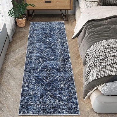 Machine Washable Indoor Rug, Non-Slip Low Pile Carpet for Living Room Hallway, Soft Geometric Design, Stain Resistant & Foldable
