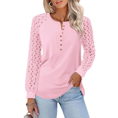 Women's Lace Long Sleeve Henley Tops Soft Casual Blouse Shirts Fall Trendy T Shirt