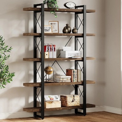 Hommoo 5-Tier Solid Wood Bookshelf with Metal Frame Brown