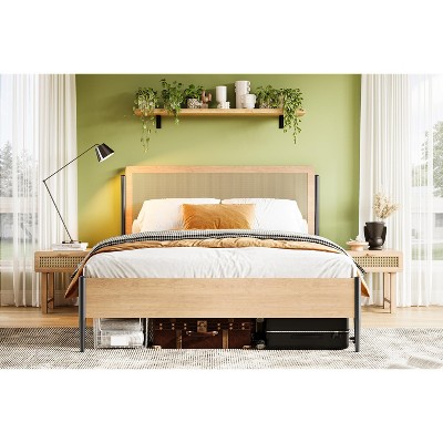 Bed Frame with Natural Rattan Headboard and Solid Wood Footboard, Under Bed Storage Space