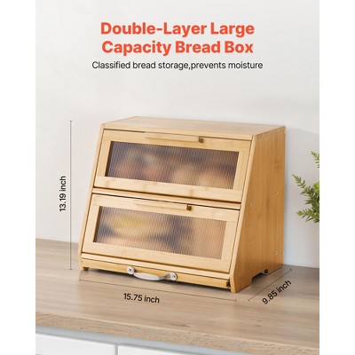 VEVOR Double Layer Bread Box for Kitchen Counter, Large Capacity Bamboo Bread Storage Container, Farmhouse Wooden Breadbox, Natural — фото 3