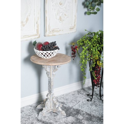 Gray Intricately Carved Scroll Round Wood Accent Table - 15" x 23"