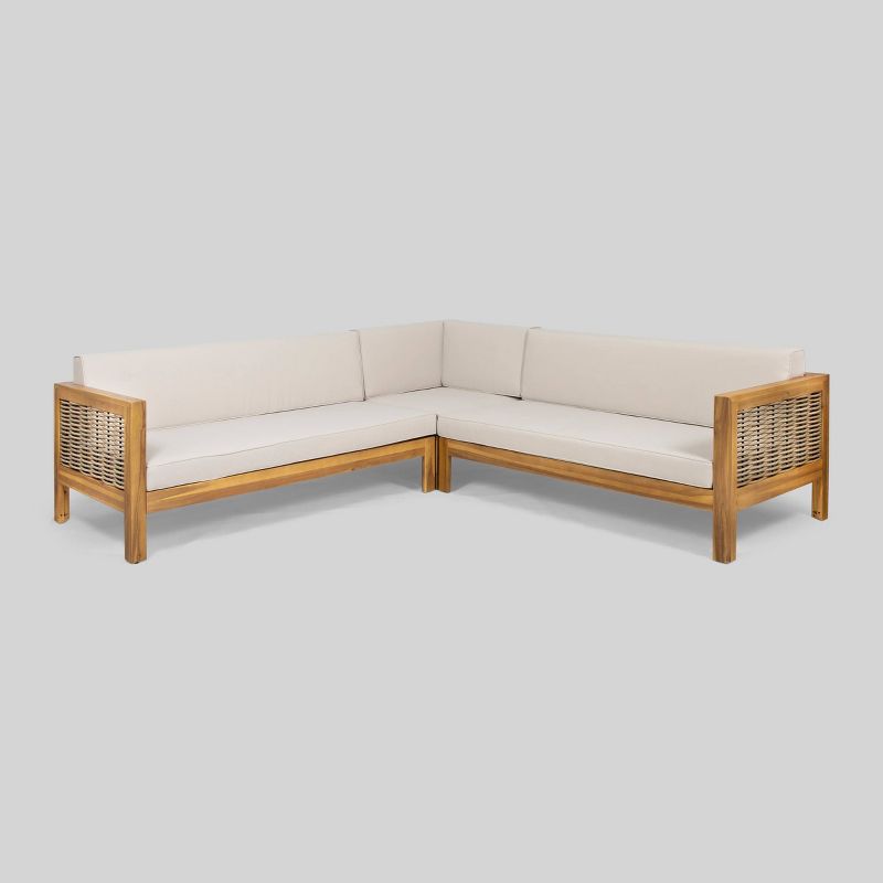 Linwood 3pc Wood and Wicker Sectional Sofa Set Teak/Beige - Christopher Knight Home, 3 of 8
