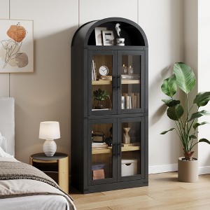 72" Tall Arched Bookshelf Cabinet, Modern Farmhouse Wood Bookcase with 4 Glass Doors & Open Shelf - 1 of 4