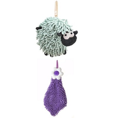 REGALWOVEN Flower and Sheep Shape Absorbent Fast Drying Chenille Hand Towels with Hanging Loop 6" x 15"/7" x 7" 2 Packs