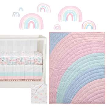Lambs & Ivy Watercolor Pastel Pink/Mint Rainbow 5-Piece Baby Crib Bedding Set