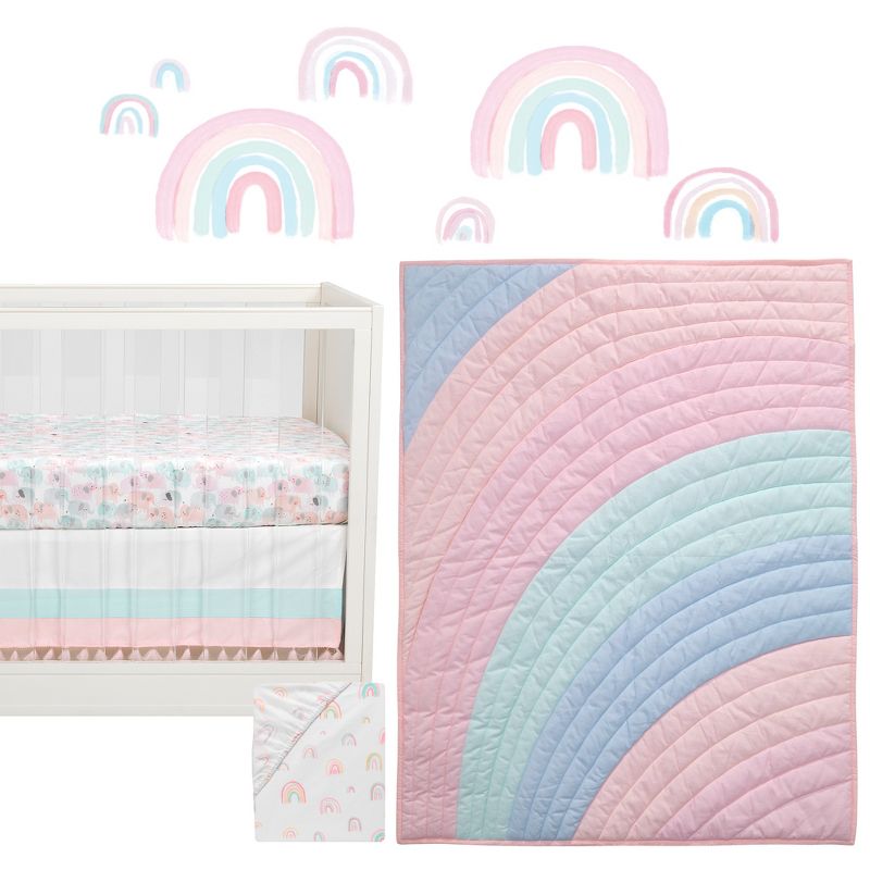 Lambs & Ivy Watercolor Pastel Pink/Mint Rainbow 5-Piece Baby Crib Bedding Set, 1 of 10