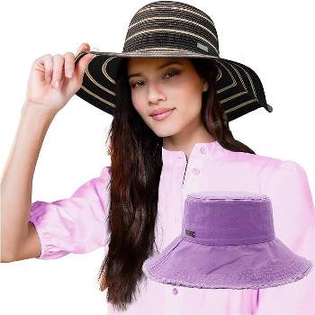 Nicole Miller New York Women 2 pack Bucket Straw Sun Hat (Black/Lavender)