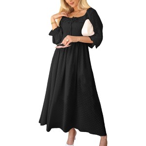 Anna-Kaci Women's Smocked Long Sleeve Swiss Dot Lined Maxi Tie Neck Square Detail Dress - 1 of 4