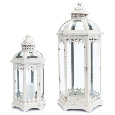 Melrose Set of 2 Fleur de Lis Weathered White Metal and Glass Pillar Candle Holder Lanterns 24.5"