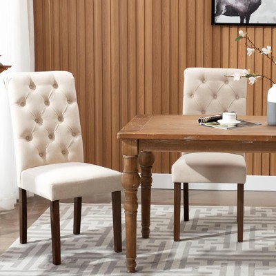 Set of 2 Tufted Upholstered Dining Chairs with High Back and Wood Legs, Fabric Parsons Side Chairs for Kitchen or Dining Room