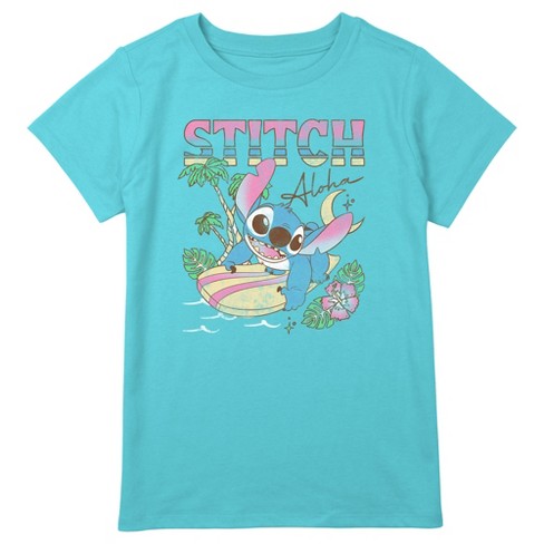 Girl's Lilo & Stitch Surfing Stitch T-Shirt - Blue - Large Plus