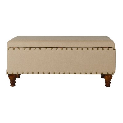 Tan Upholstered Storage Bench with Nailhead Trim and Wood Legs